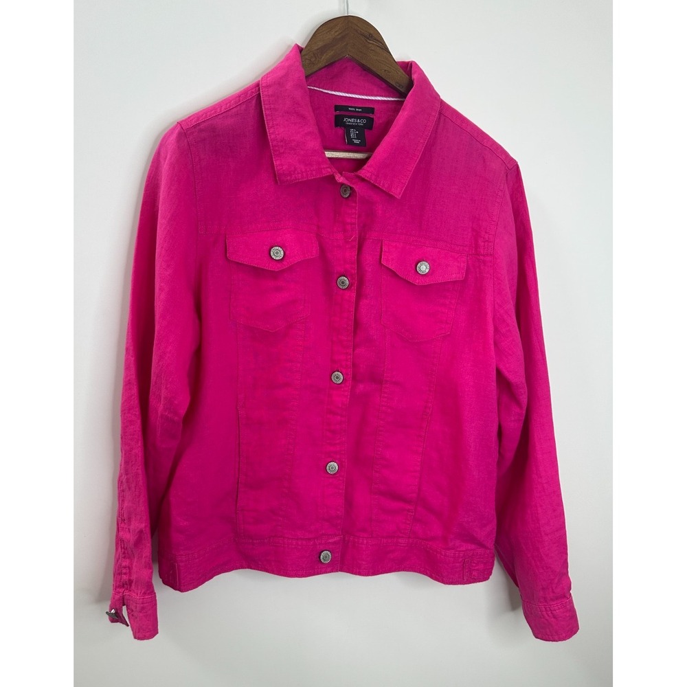 Jones & Co 100% Linen Jones New York Pink Trucker Jacket Large Fuchsia Layering - Picture 10 of 10